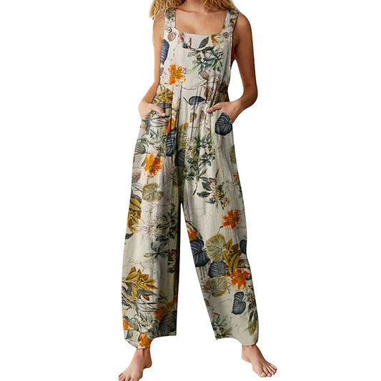 Linen Leaf Print Jumpsuit
