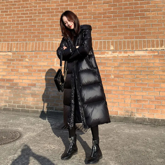 Glossy Hooded Parka Coat