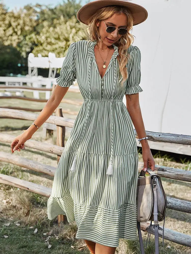 Striped Lantern Sleeve Dress