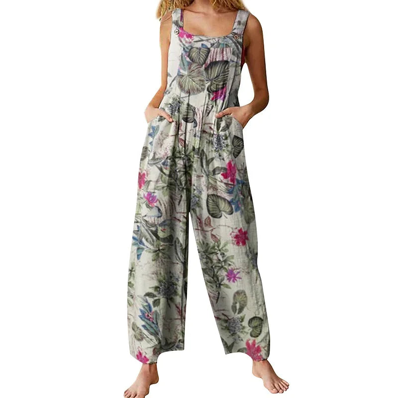 Linen Leaf Print Jumpsuit