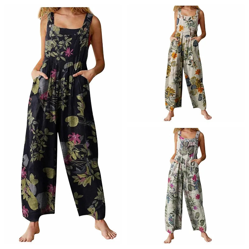 Linen Leaf Print Jumpsuit