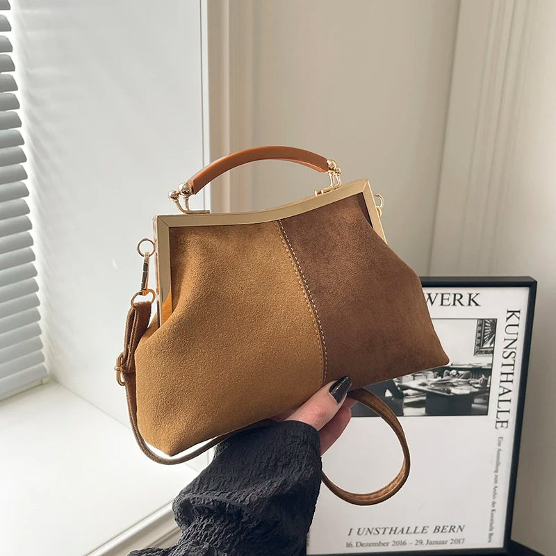 Suede Wooden Handle Bag