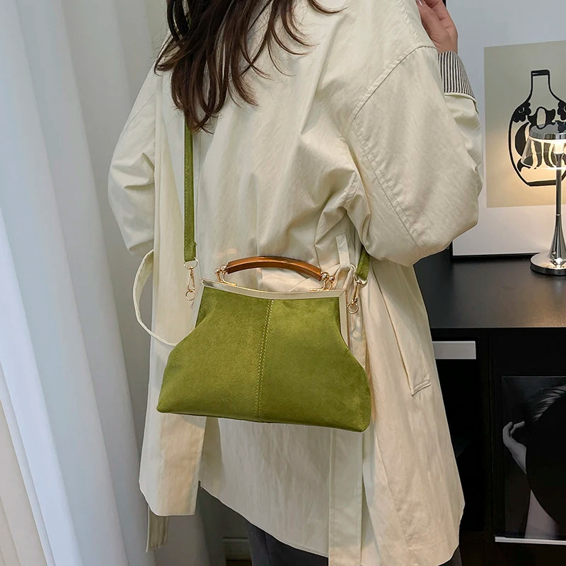 Suede Wooden Handle Bag
