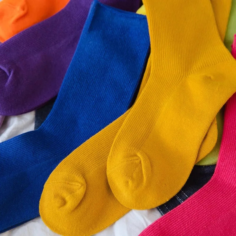 New Women Socks Fashion Solid Color Crew Socks For Women Preppy Style Breathable Neon Color Long Korean White Socks Girl Casual