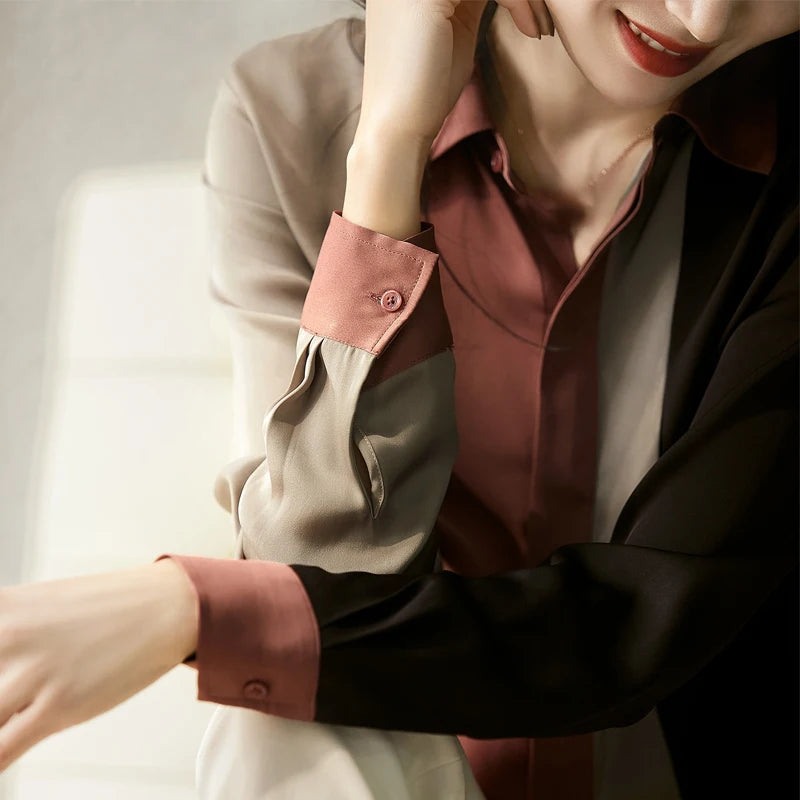 2025 Women Satin Button Blouse Autumn New Vintage Long Sleeve Polo Collar Women Shirt Elegant Loose Tops Clothing 18146