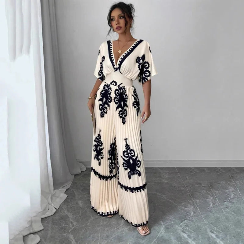 Printed Deep V Jumpsuit