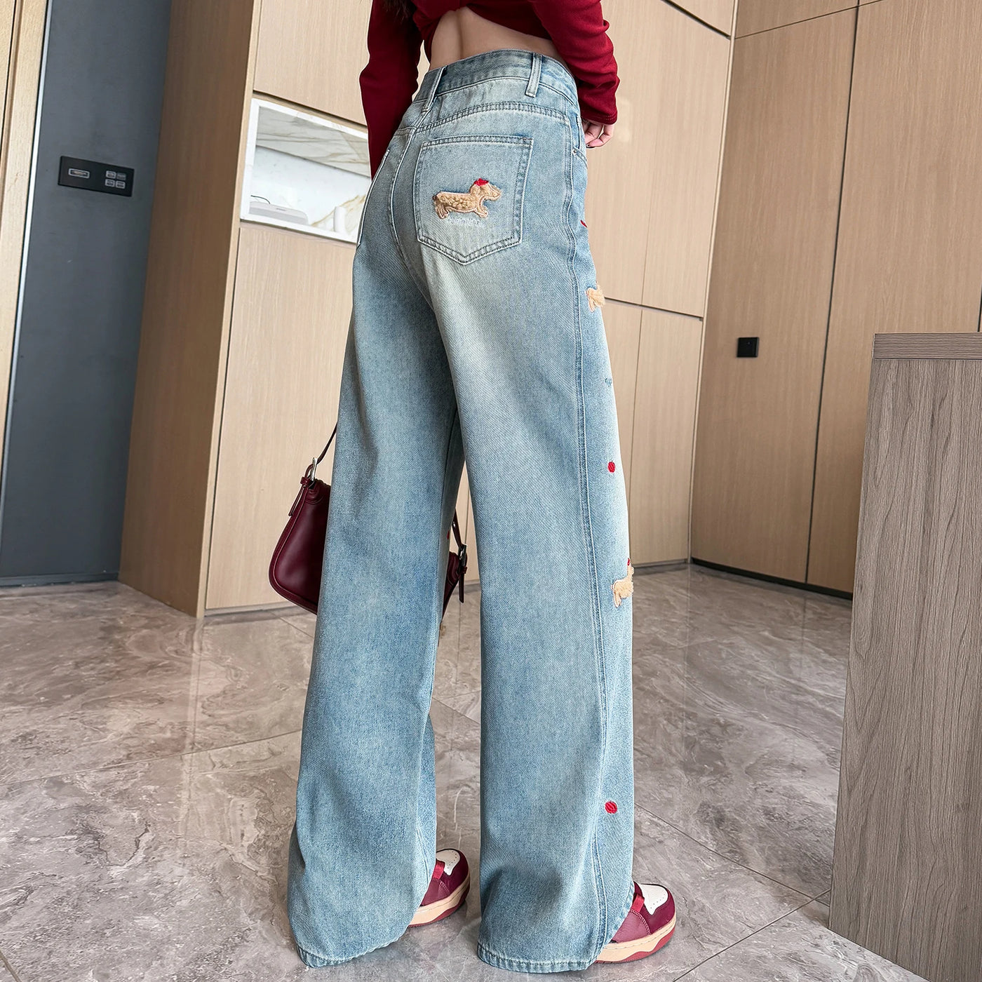 Embroidered Dog Denim Jeans