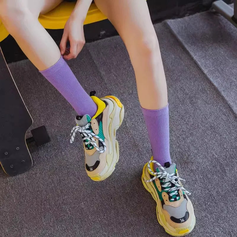 New Women Socks Fashion Solid Color Crew Socks For Women Preppy Style Breathable Neon Color Long Korean White Socks Girl Casual