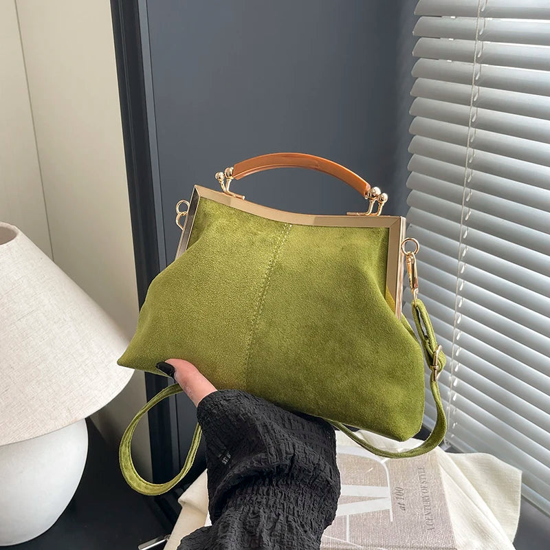 Suede Wooden Handle Bag