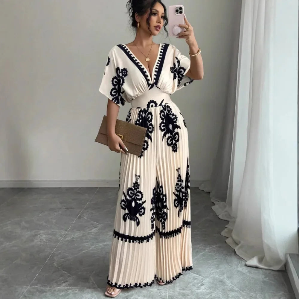 Printed Deep V Jumpsuit