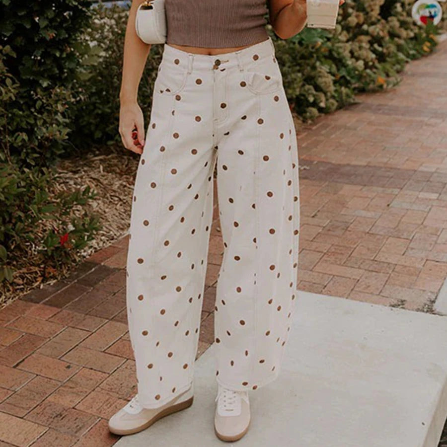 Dot Print Barrel Jeans