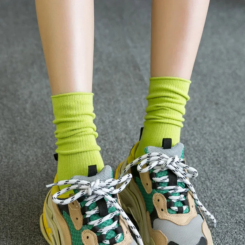 New Women Socks Fashion Solid Color Crew Socks For Women Preppy Style Breathable Neon Color Long Korean White Socks Girl Casual