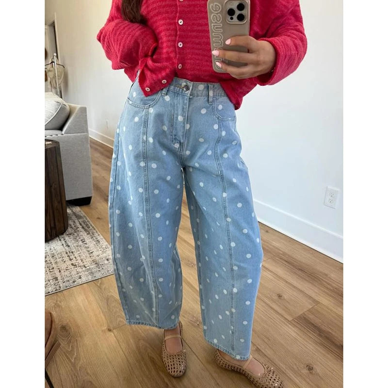 Dot Print Barrel Jeans
