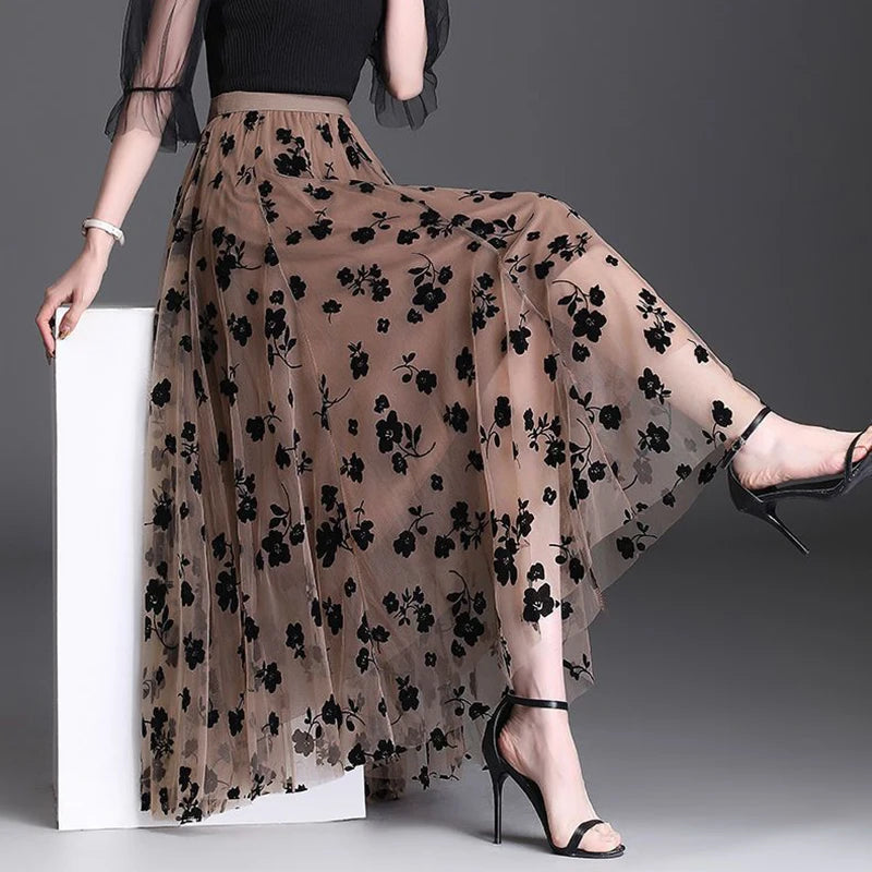 Floral Mesh Midi Skirt
