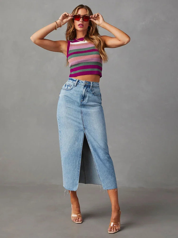 Washed Denim Split Skirt