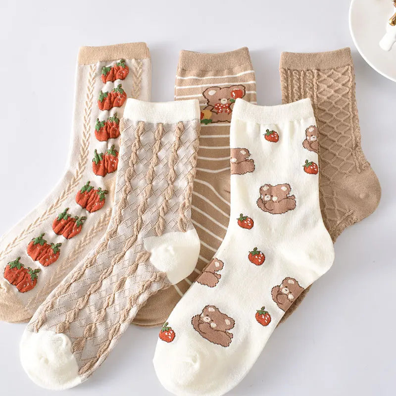 5 Pairs/ Lot Dreamlikelin Woman Socks Harajuku Retro Embroidery Spring 3D Knitting Flowers Embossed Print Lolita Christmas Gift