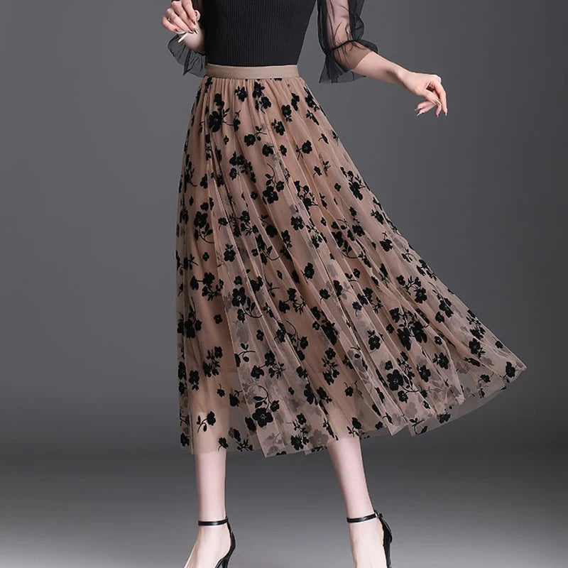 Floral Mesh Midi Skirt