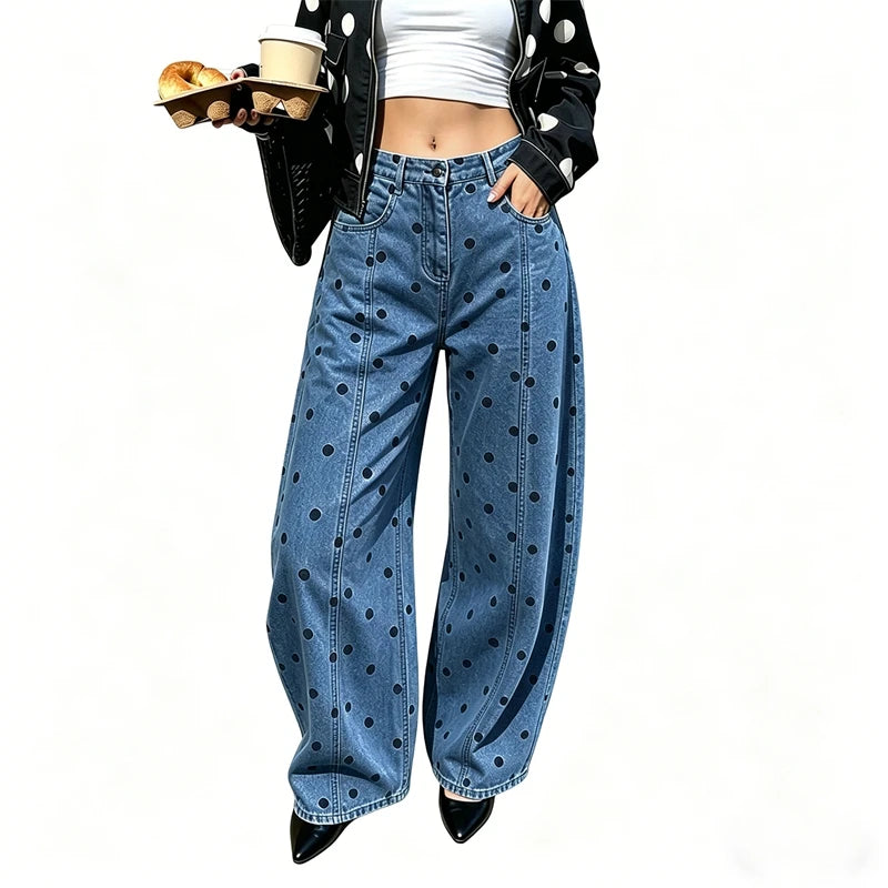 Dot Print Barrel Jeans