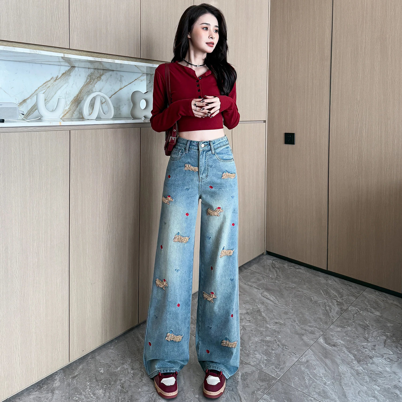 Embroidered Dog Denim Jeans