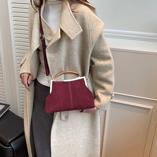 Suede Wooden Handle Bag