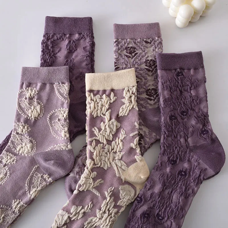 5 Pairs/ Lot Dreamlikelin Woman Socks Harajuku Retro Embroidery Spring 3D Knitting Flowers Embossed Print Lolita Christmas Gift
