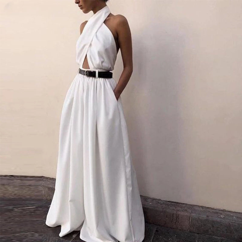 Backless Halter Wide Jumpsuit