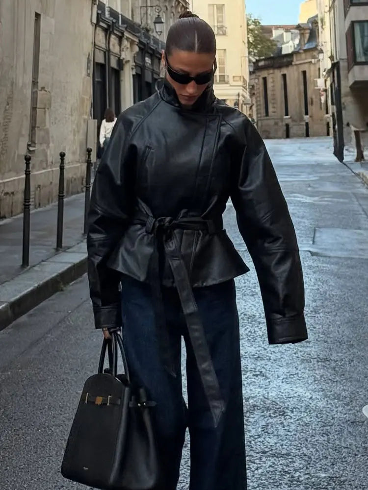 Faux Leather Belted Jacket