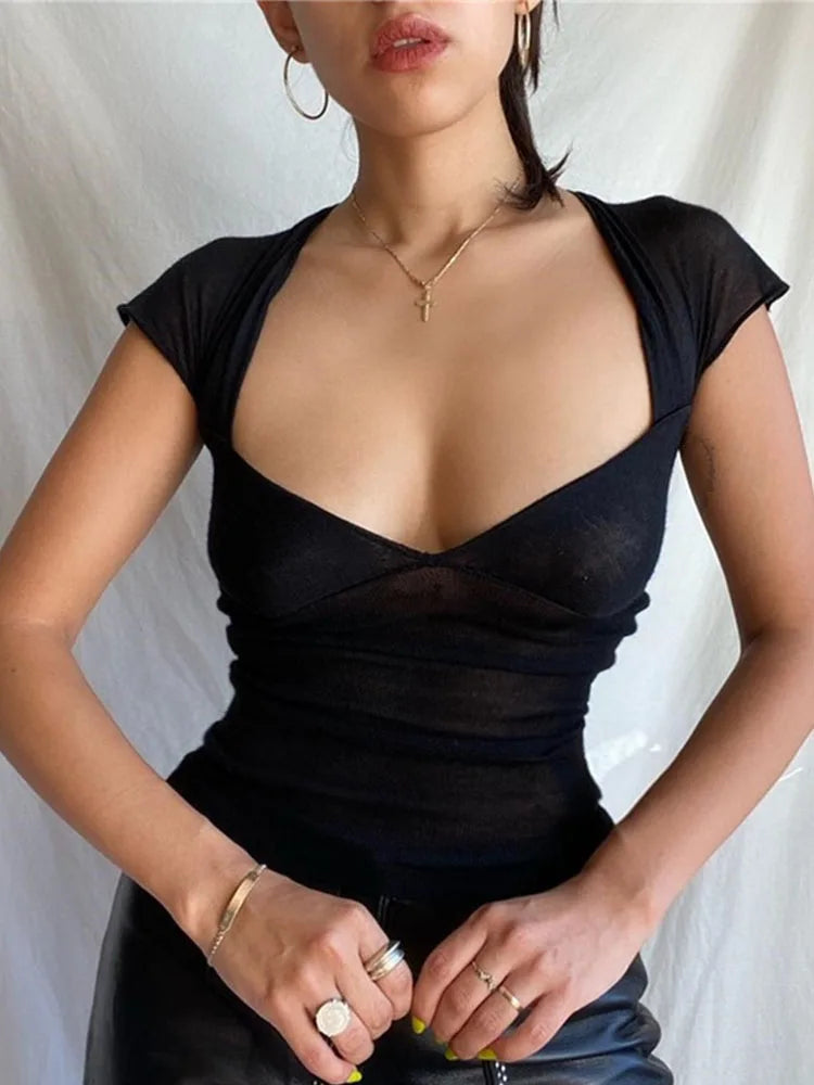 Square Collar Summer Sexy Backless Tops for Women Cropped Short Sleeve Elegant Top Tees Skinny Streetwear Clothe