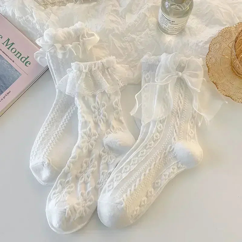 JK Japanese Lace Bow Ruffle Socks Kawaii Lolita Short Socks Cotton Socks Lacework Stockings Women's Mid-tube Solid Stockings