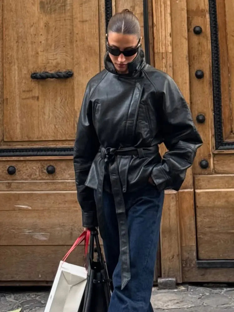 Faux Leather Belted Jacket