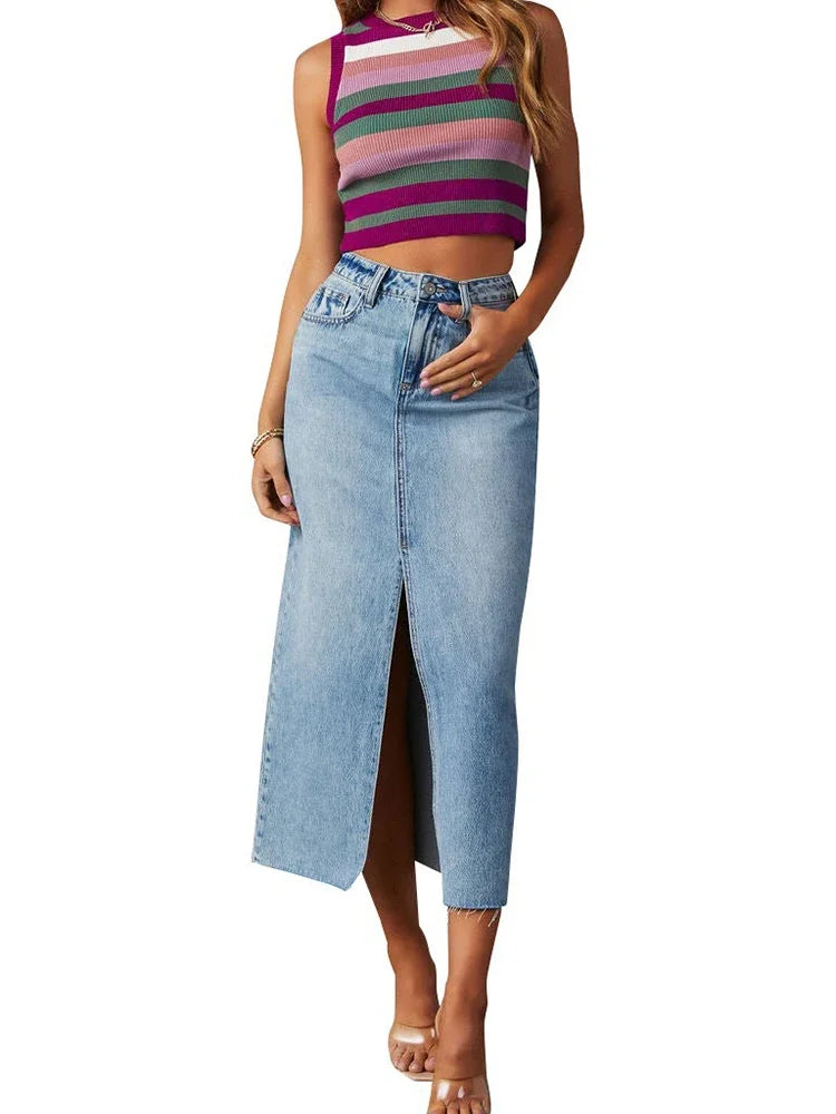 Washed Denim Split Skirt