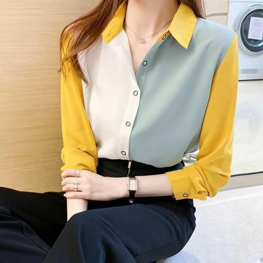 Office Lady Solid Color Blouses Button Turn-down Collar Simple Loose Shirts Tops Women Spring Autumn New Grace Trend Clothing