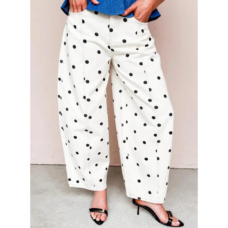 Dot Print Barrel Jeans