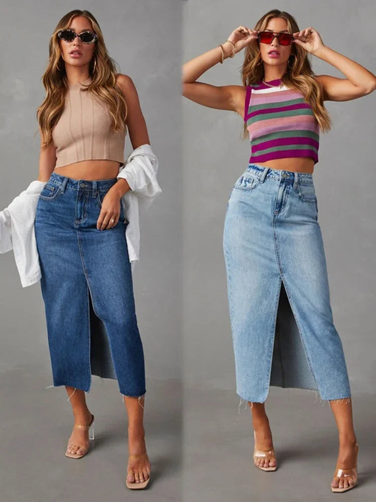 Washed Denim Split Skirt