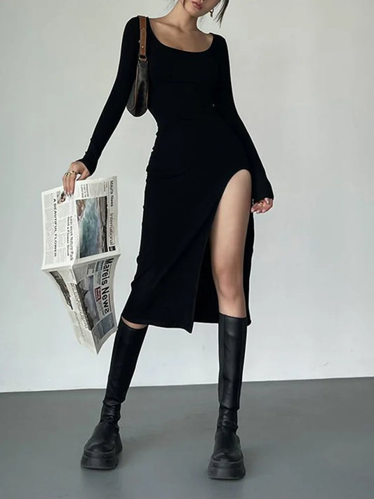 Black Rib Split Dress
