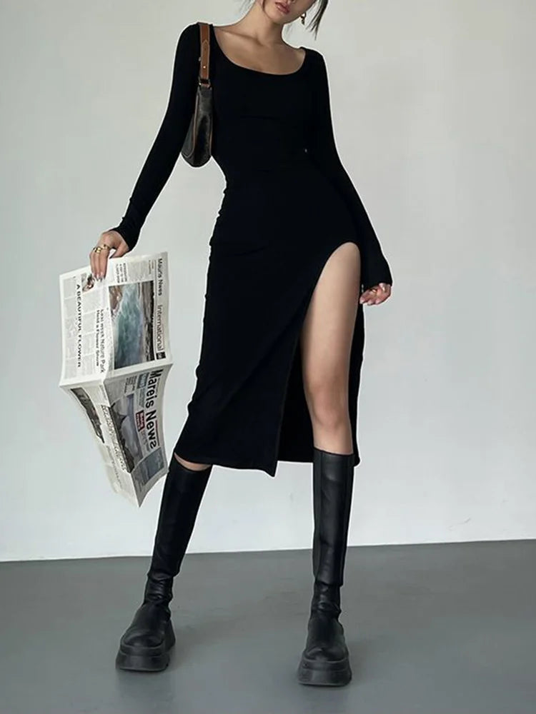 Black Rib Split Dress