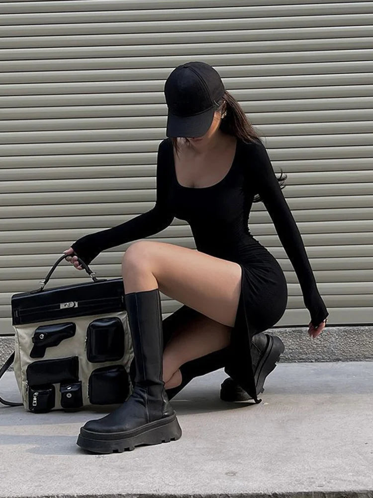 Black Rib Split Dress