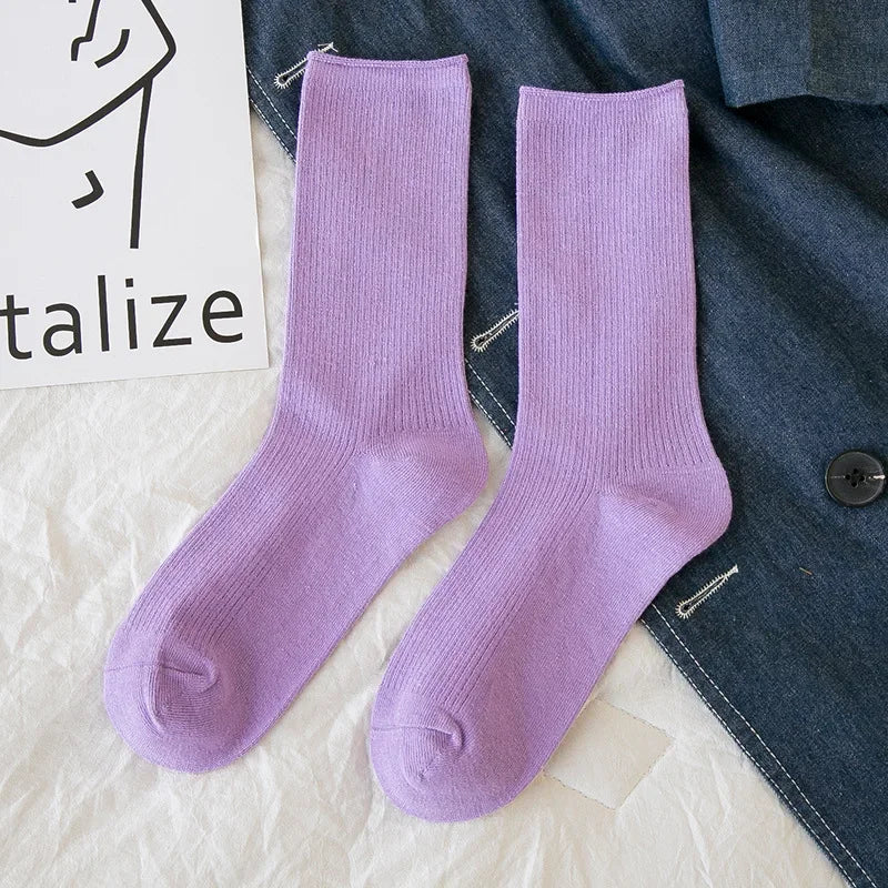 New Women Socks Fashion Solid Color Crew Socks For Women Preppy Style Breathable Neon Color Long Korean White Socks Girl Casual