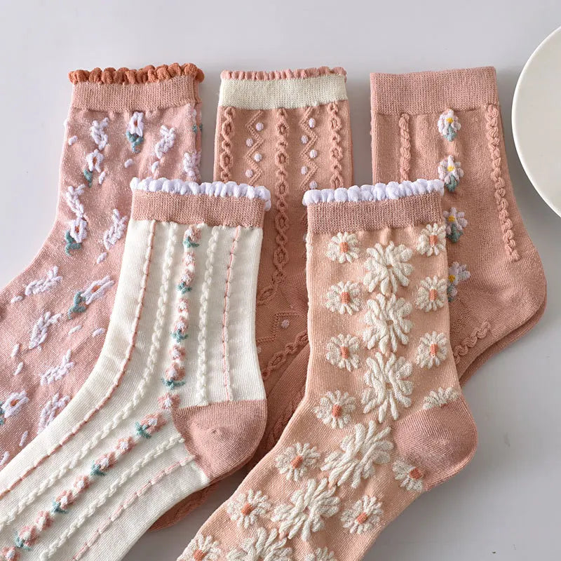 5 Pairs/ Lot Dreamlikelin Woman Socks Harajuku Retro Embroidery Spring 3D Knitting Flowers Embossed Print Lolita Christmas Gift