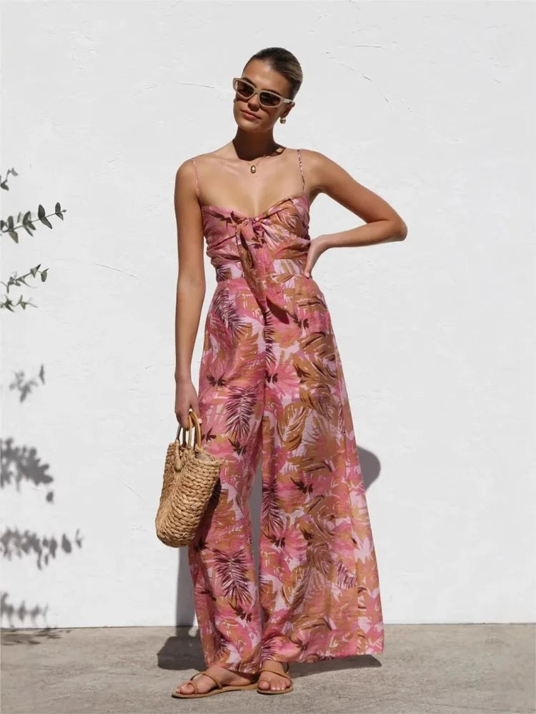 Bowknot Print Vacation Jumpsuit