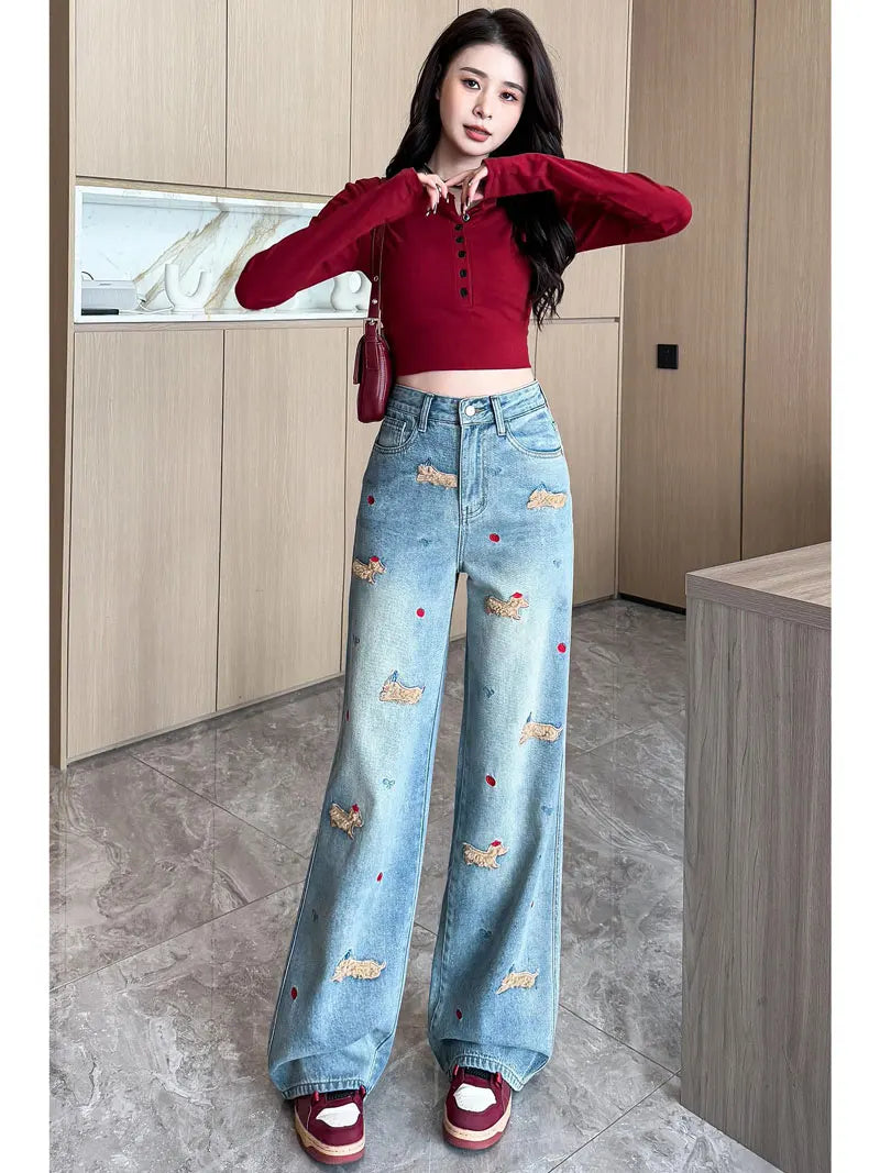 Embroidered Dog Denim Jeans