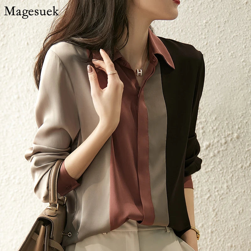 2025 Women Satin Button Blouse Autumn New Vintage Long Sleeve Polo Collar Women Shirt Elegant Loose Tops Clothing 18146
