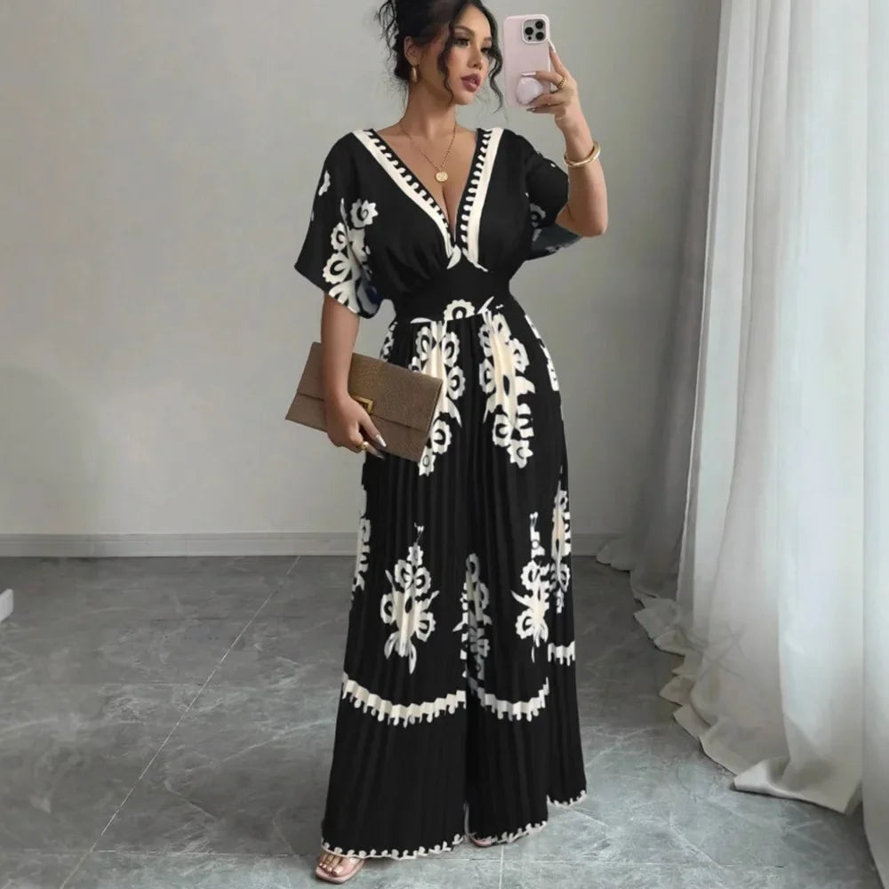 Printed Deep V Jumpsuit