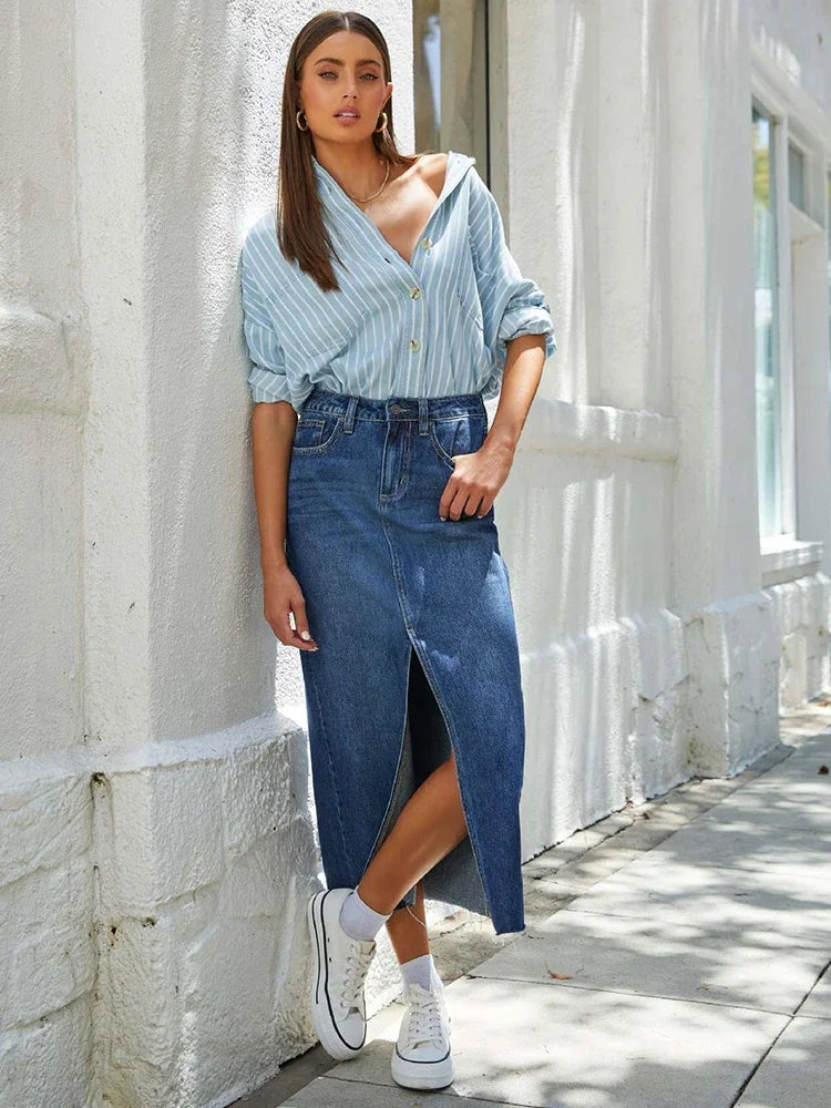 Washed Denim Split Skirt