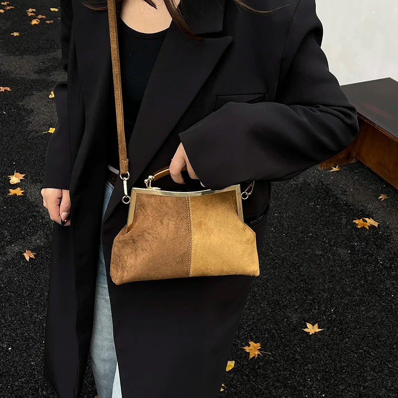 Suede Wooden Handle Bag