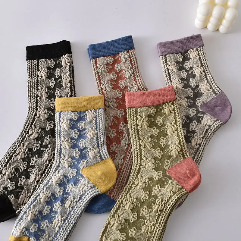 5 Pairs/ Lot Dreamlikelin Woman Socks Harajuku Retro Embroidery Spring 3D Knitting Flowers Embossed Print Lolita Christmas Gift