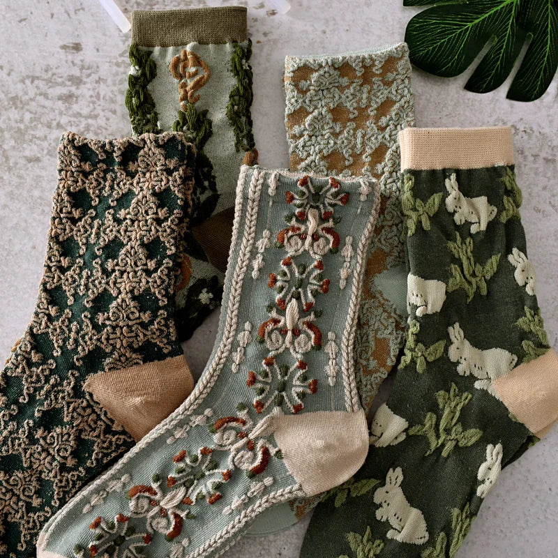5 Pairs/ Lot Dreamlikelin Woman Socks Harajuku Retro Embroidery Spring 3D Knitting Flowers Embossed Print Lolita Christmas Gift