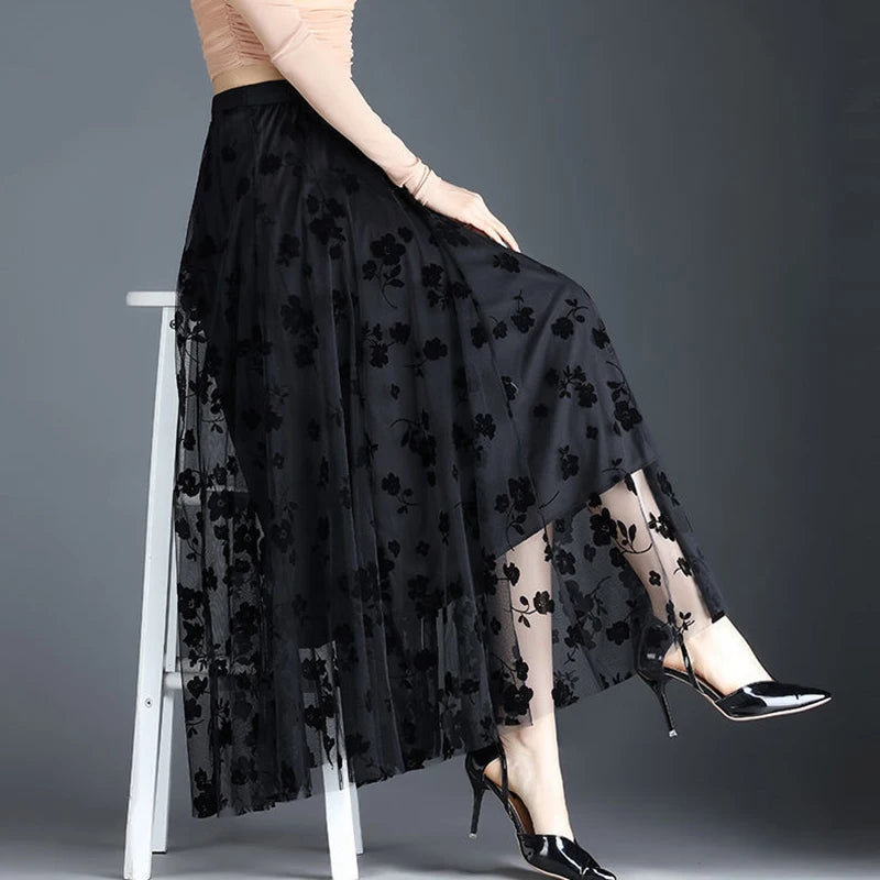 Floral Mesh Midi Skirt