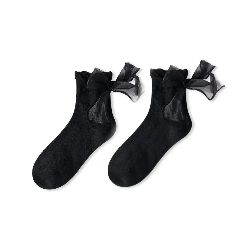 JK Japanese Lace Bow Ruffle Socks Kawaii Lolita Short Socks Cotton Socks Lacework Stockings Women's Mid-tube Solid Stockings