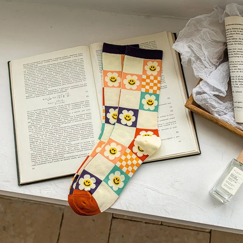 Women's Cute Colored Long Socks - Diamond, Fruit, and Flower Pattern Socks